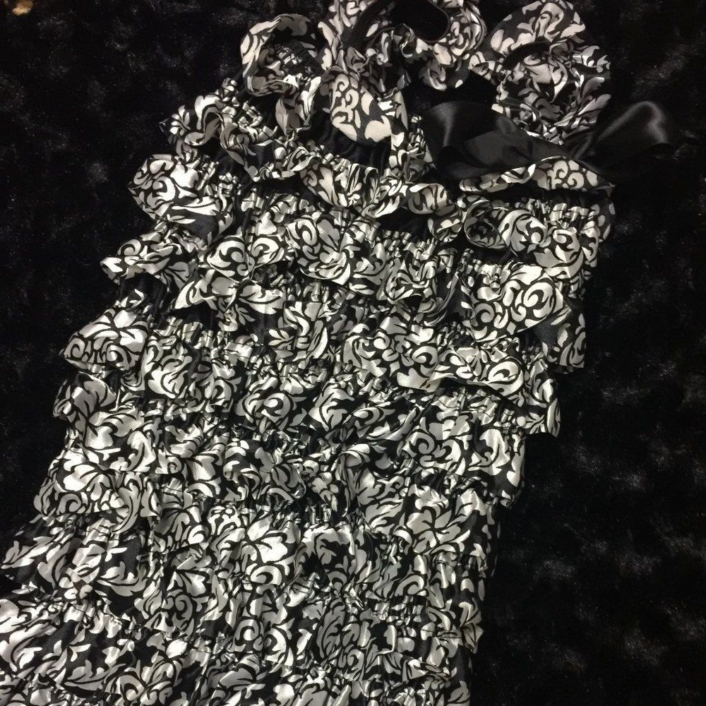 ****** Black Damask Satin Romper  R939  Large 2T-3T   NWT Boutique